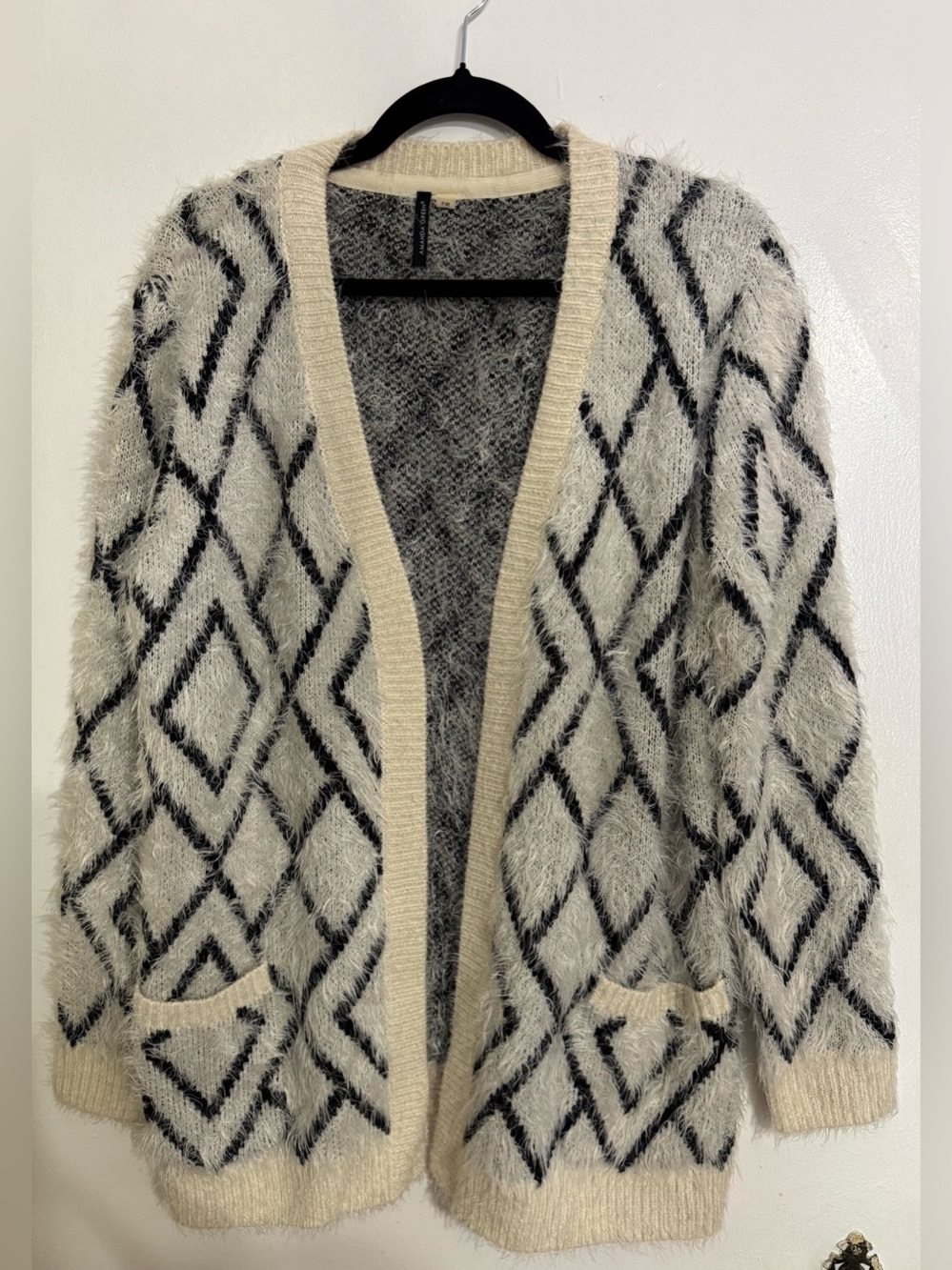 Cozy Ivory & Black Diamond Fuzzy Open-Front Cardigan Sweater Size Large